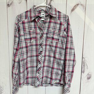 The North‎ Face Plaid Button Front Shirt Women’s Small Pink Gray EUC